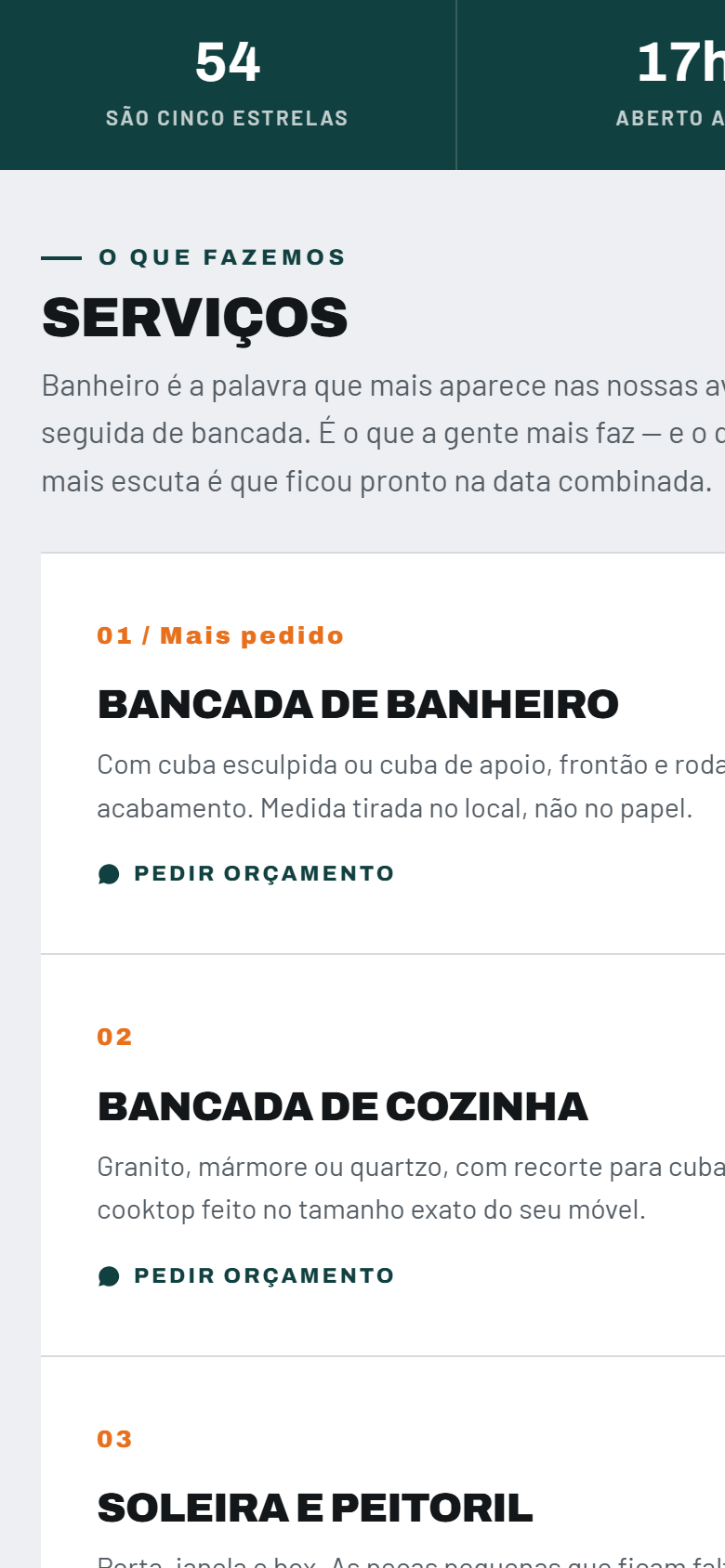 Tela de um site de marmoraria, mostrando a lista de serviços